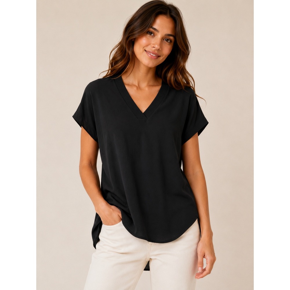 Athleta Zephyr V-Neck Tee Black Short Sleeve Relaxed Fit Top S/980636-02 Size S‎